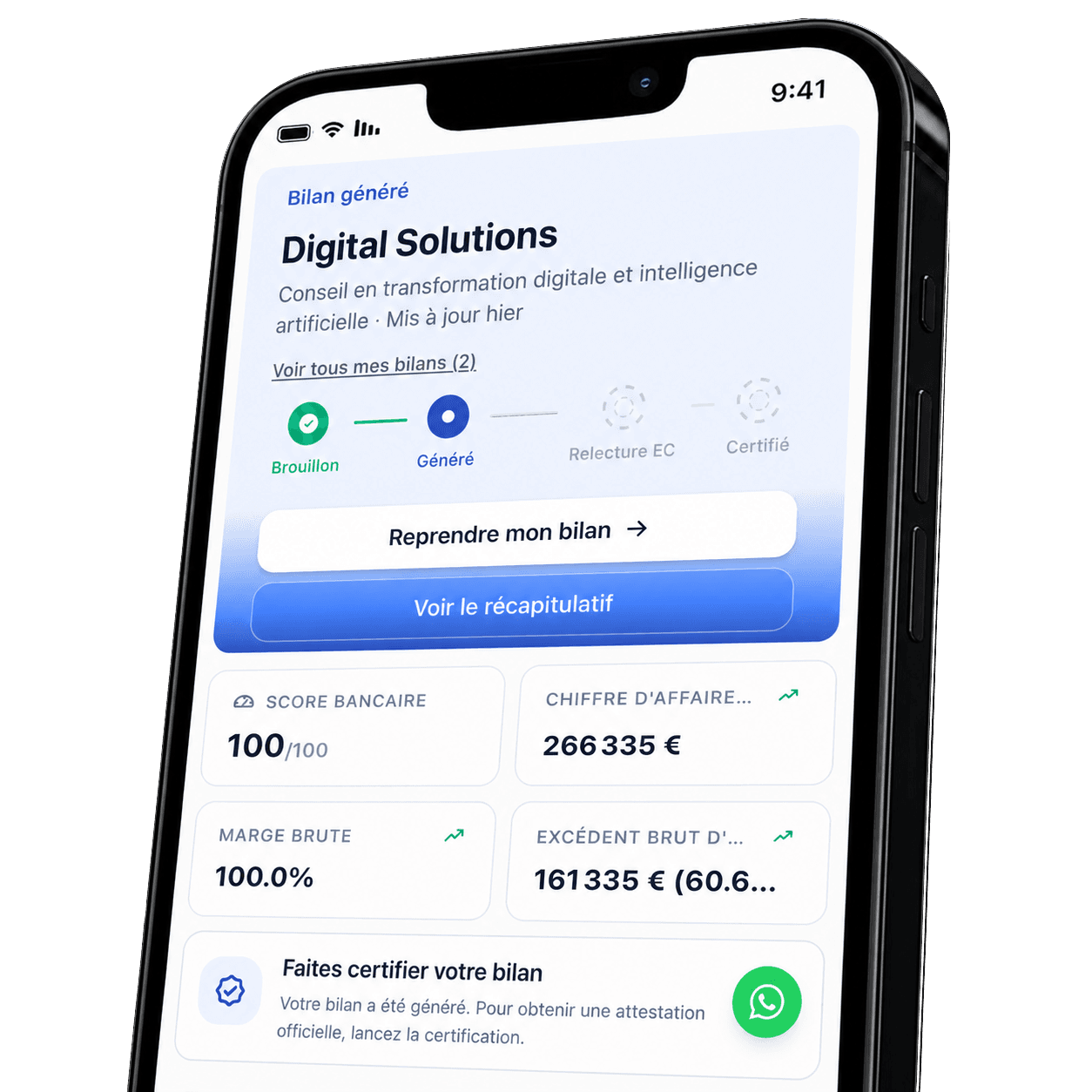 Aperçu de l'application Previa sur mobile : écran d'analyse d'un business plan